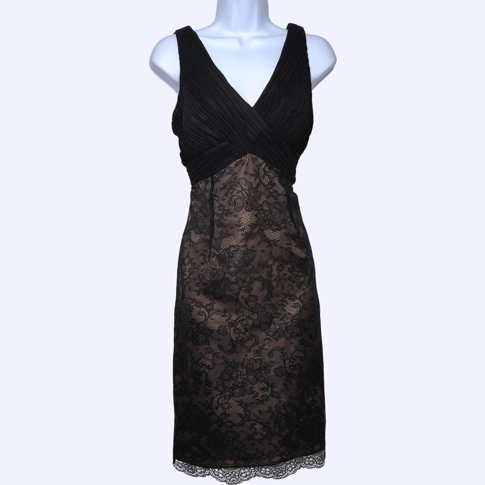 Jones Wear Dress Cocktail Womens 10 Black Nude Lace Pleated V-Neck Sheath NWT